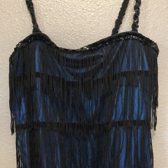 20s Flapper dress One size Fits most shimmery blue with black fringe sequin EUC - Picture 3 of 9